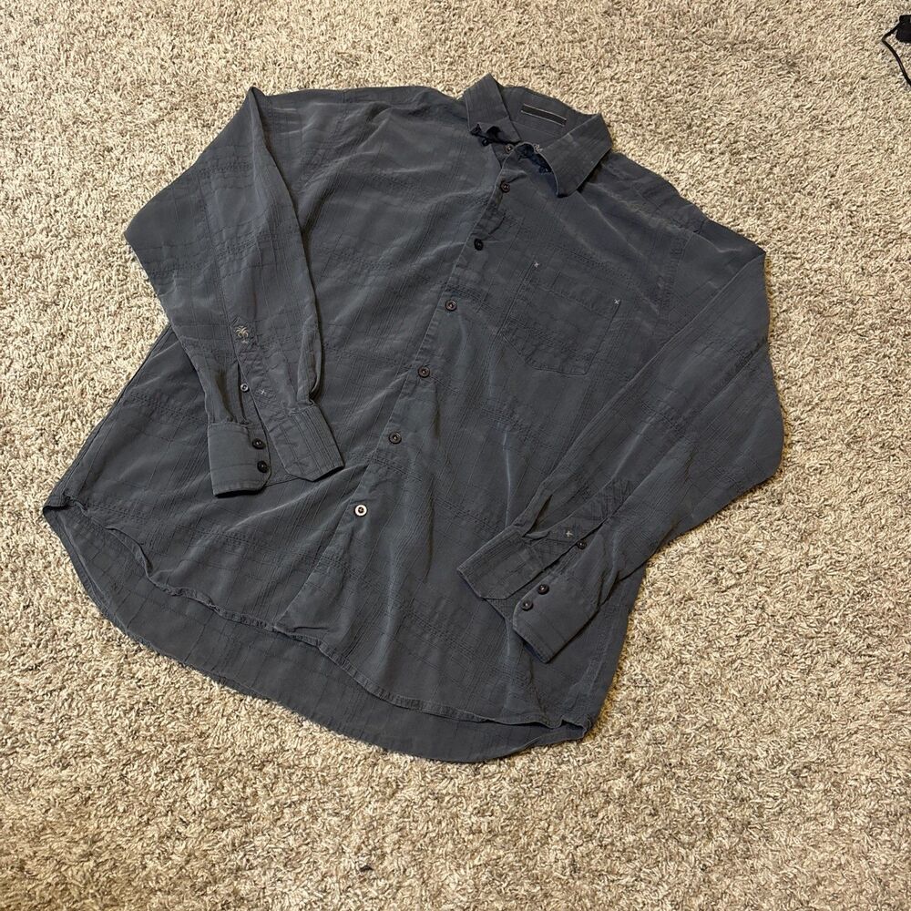 Tommy Bahama Black 100% Silk Long Sleeve Button Up Shirt Men's Large Pocket Surf